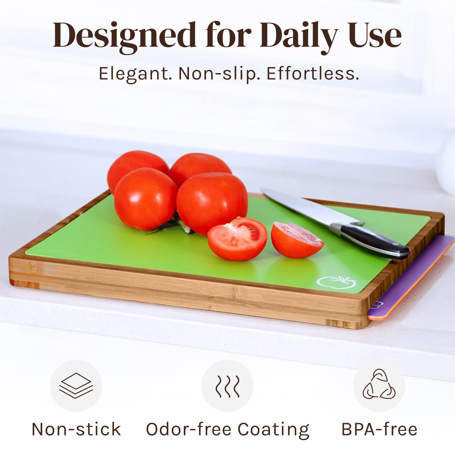 Tabla de Cortar de Madera de Bambú Fácil de Limpiar con Juego de 6 Tapetes de Corte Flexibles Codificados por Colores con Iconos de Comida - Juego de Tabla de Cortar