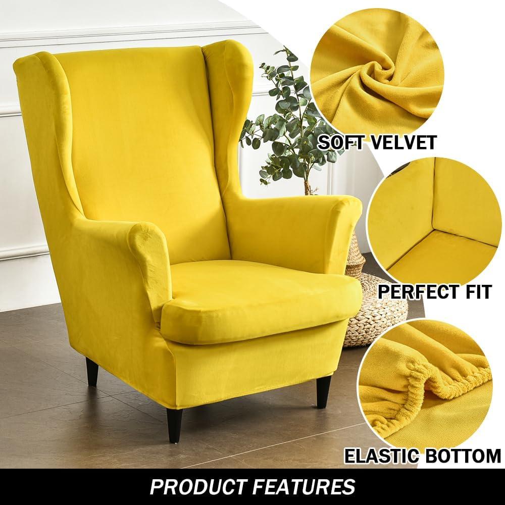 Yellow Velvet Stretch Wingback Chair Slipcover