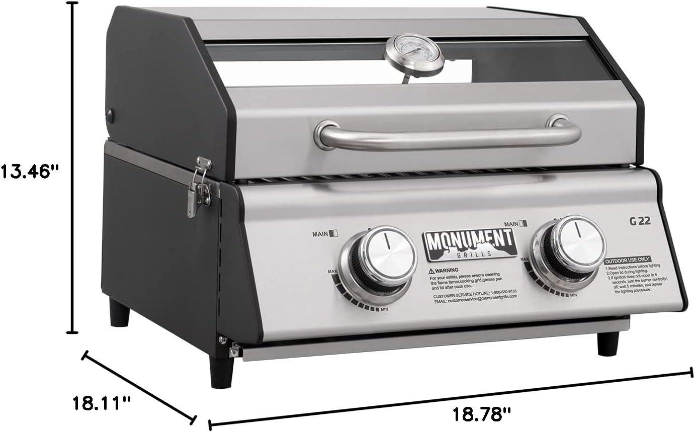 Monument Grills 13742,2-Burner Portable Stainless Steel Tabletop Propane Gas Grill with High Lid and Travel Locks, 15,000 BTU – Perfect for Family BBQs