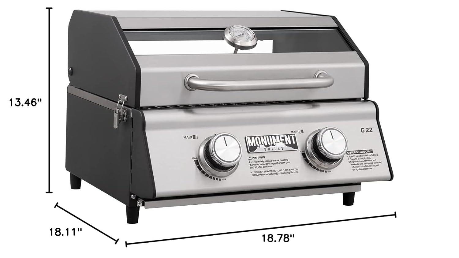 Monument Grills 13742,2-Burner Portable Stainless Steel Tabletop Propane Gas Grill with High Lid and Travel Locks, 15,000 BTU – Perfect for Family BBQs