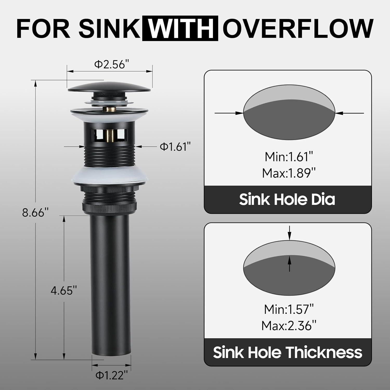 ESFORT Bathroom Sink Drain Stopper with Overflow Pop Up Sink Drain for Vessel Vanity Lavatory Sink, Matte Black