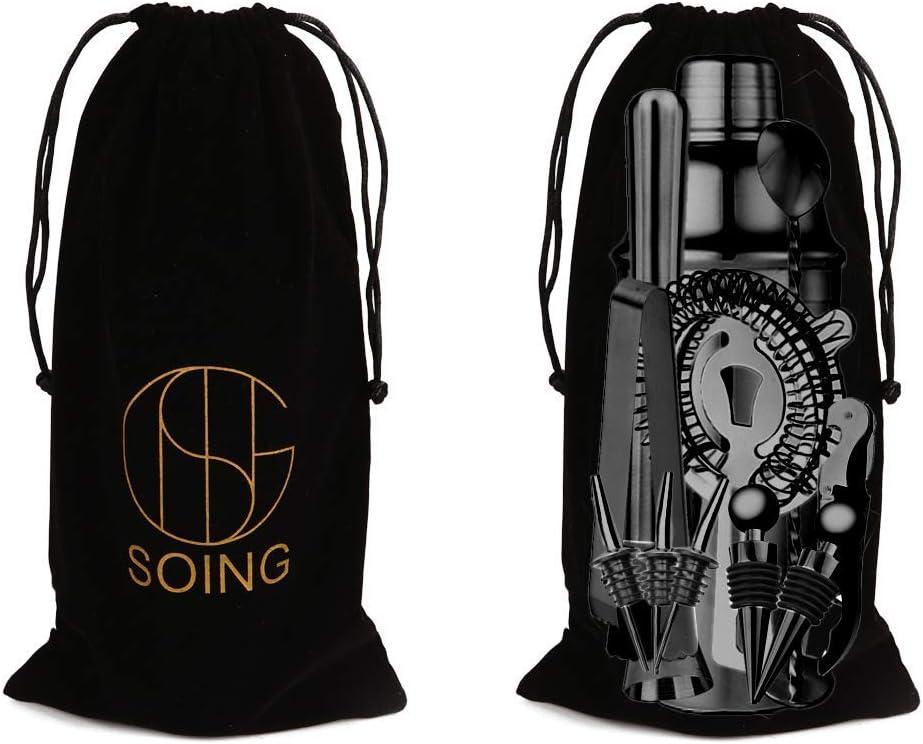 Soing Black 24-Piece Cocktail Shaker Set,Perfect Home Bartending Kit for Drink Mixing,Stainless Steel Bar Tools with Stand,Velvet Carry Bag & Recipes Included