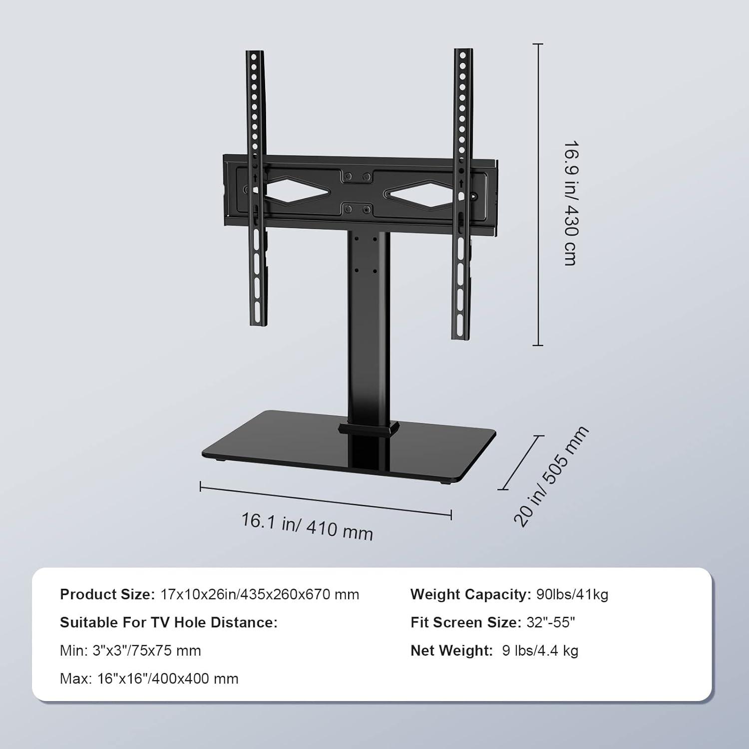 Black Adjustable Swivel TV Stand with Tempered Glass Base