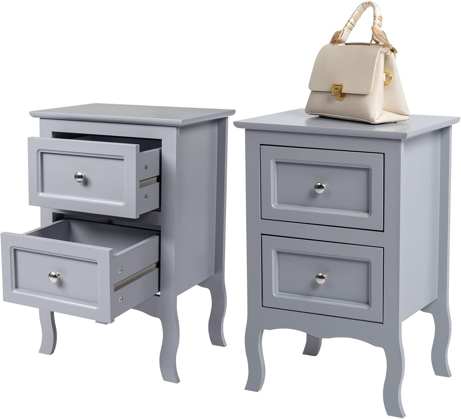 Hassch Nightstand with 2 Drawers Set of 2, Wood Bedside Table with Storage, 2PCS Bedside Table with Metal Handles for Bedroom/Small Space, Easy Assembly, Gray