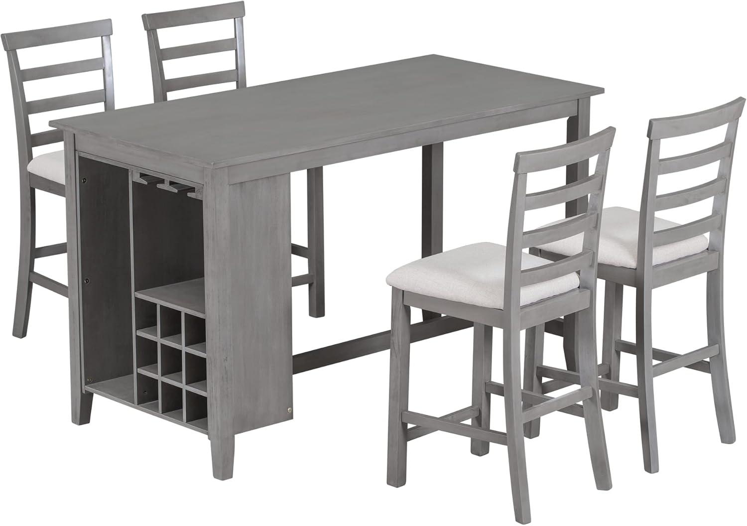 5-Piece Multi-Functional Rubber Wood Counter Height Dining Set with Padded Chairs and Integrated 9 Bar Wine Compartment, Wineglass Holders for Dining Room (Gray) 39AAE