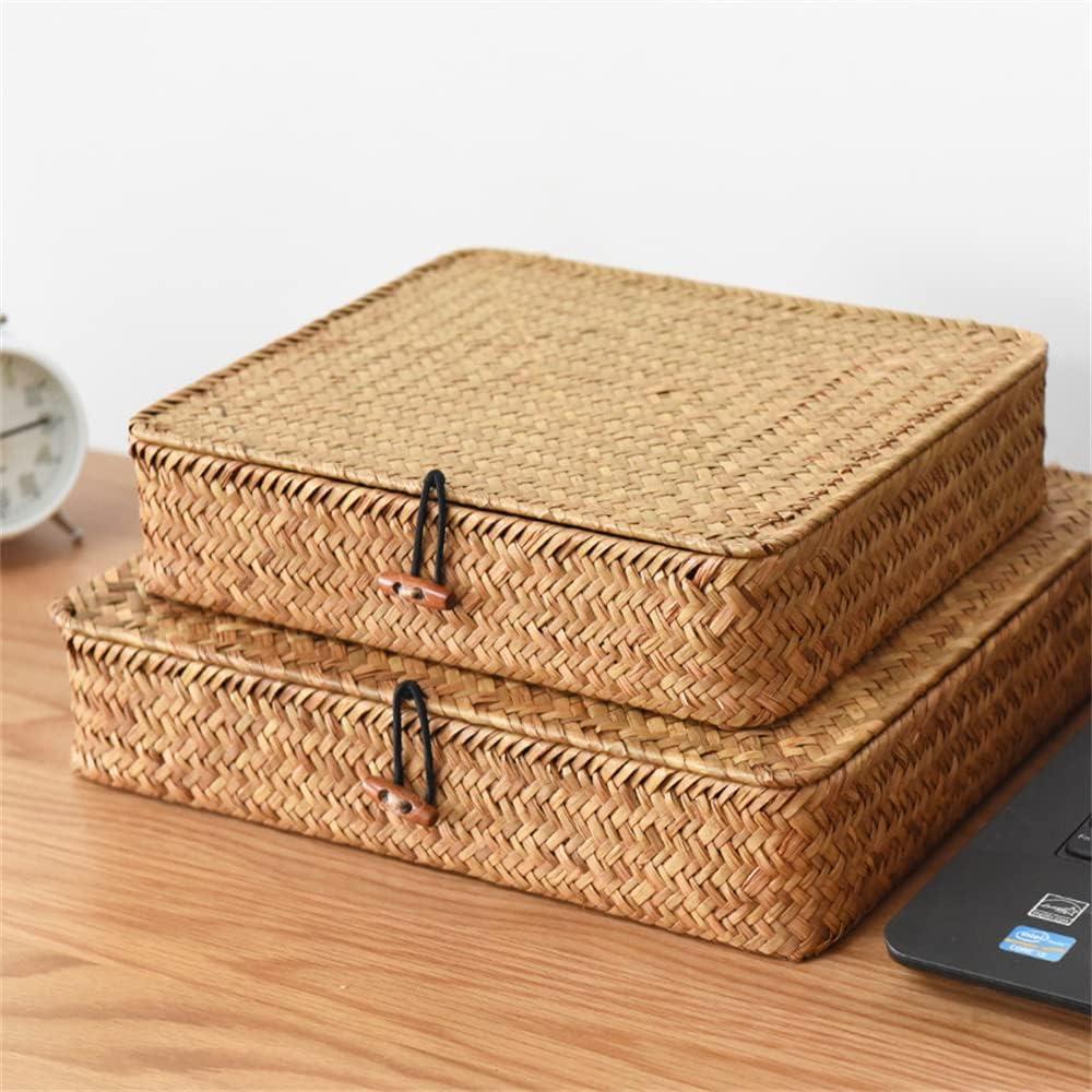 Seagrass Storage Basket Box with Lid Rectangular Woven Shelf Baskets Bins for Organize Snack Toys Set of 2 Natural Decorative(Large+Small)