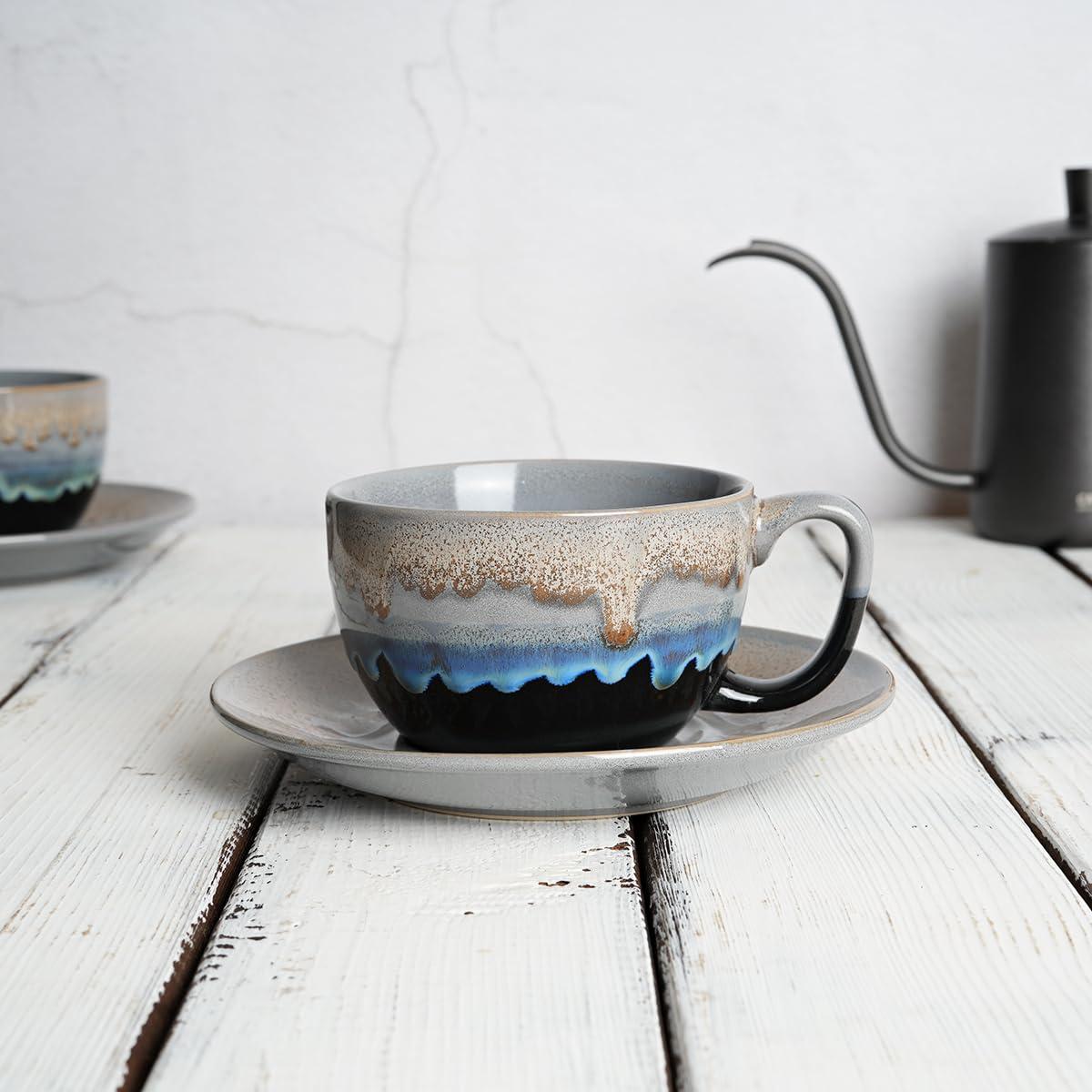 shuoli Ceramic Cappuccino Cup And Saucer Set Of 2, 10 Oz, Dishwasher And Microwave Safe, Coffee Cups For Latte, Espresso, Tea, Reavtive Glaze (Blue, 10 Oz) | Wayfair