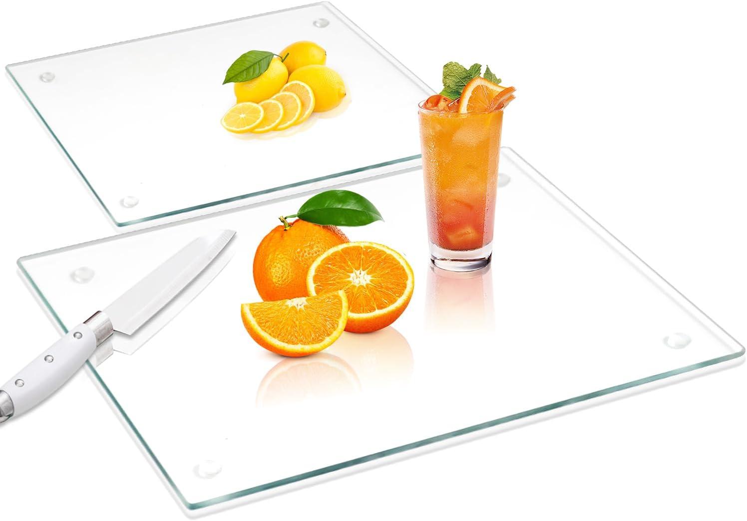 Tempered Glass Cutting Board for Kitchen, Clear Glass Board for Countertop, Heat Resistant, with Non-Slip Feet, 12x16" & 12x8" 2 Pcs Clear