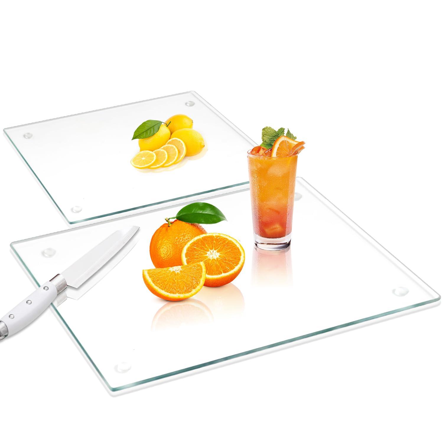 Tempered Glass Cutting Board for Kitchen, Clear Glass Board for Countertop, Heat Resistant, with Non-Slip Feet, 12x16" & 12x8" 2 Pcs Clear