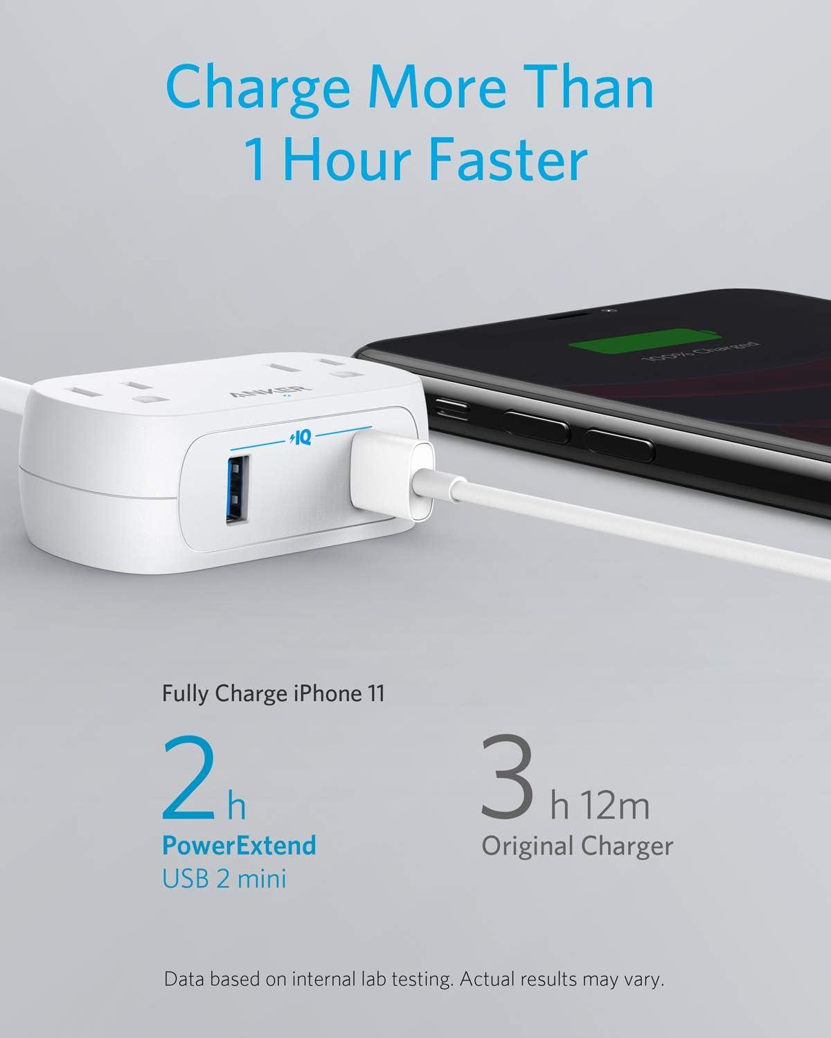 Anker Power Strip with USB PowerExtend USB 2 Mini, 2 Outlets, and 2 USB Ports, Flat Plug, 5 ft Extension Cord, White