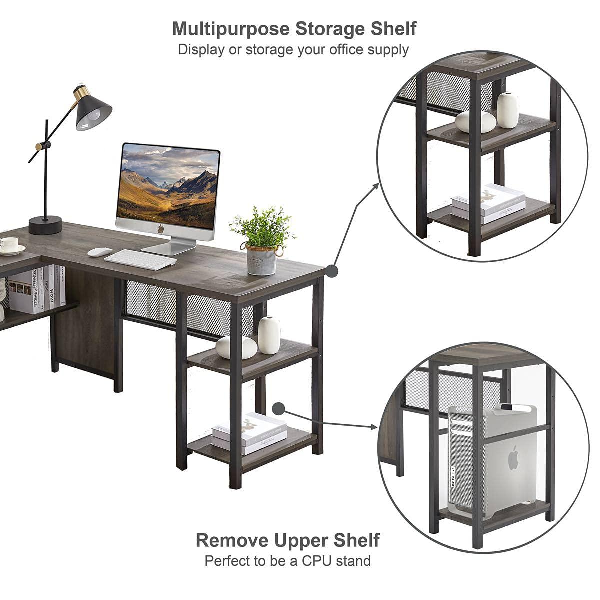 FATORRI L Shaped Desk, Industrial Reversible Home Office Computer Desk with Wood Shelves, Corner Desks with Metal Legs (Walnut Brown, 59 Inch)