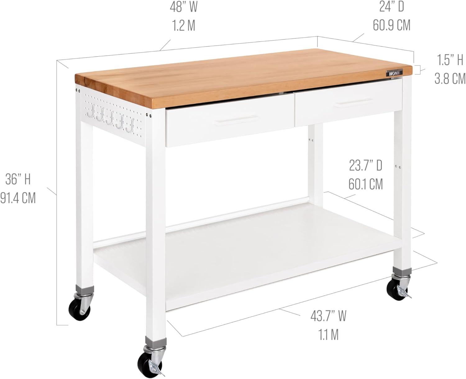 48'' Wide Stainless Steel Kitchen Rolling Cart Island with Solid Wood Top