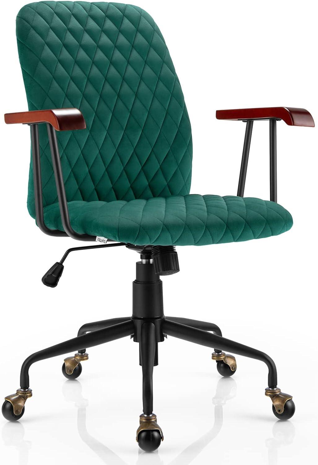 Costway Velvet Home Office Chair Swivel Adjustable Task Chair w/ Wooden Armrest