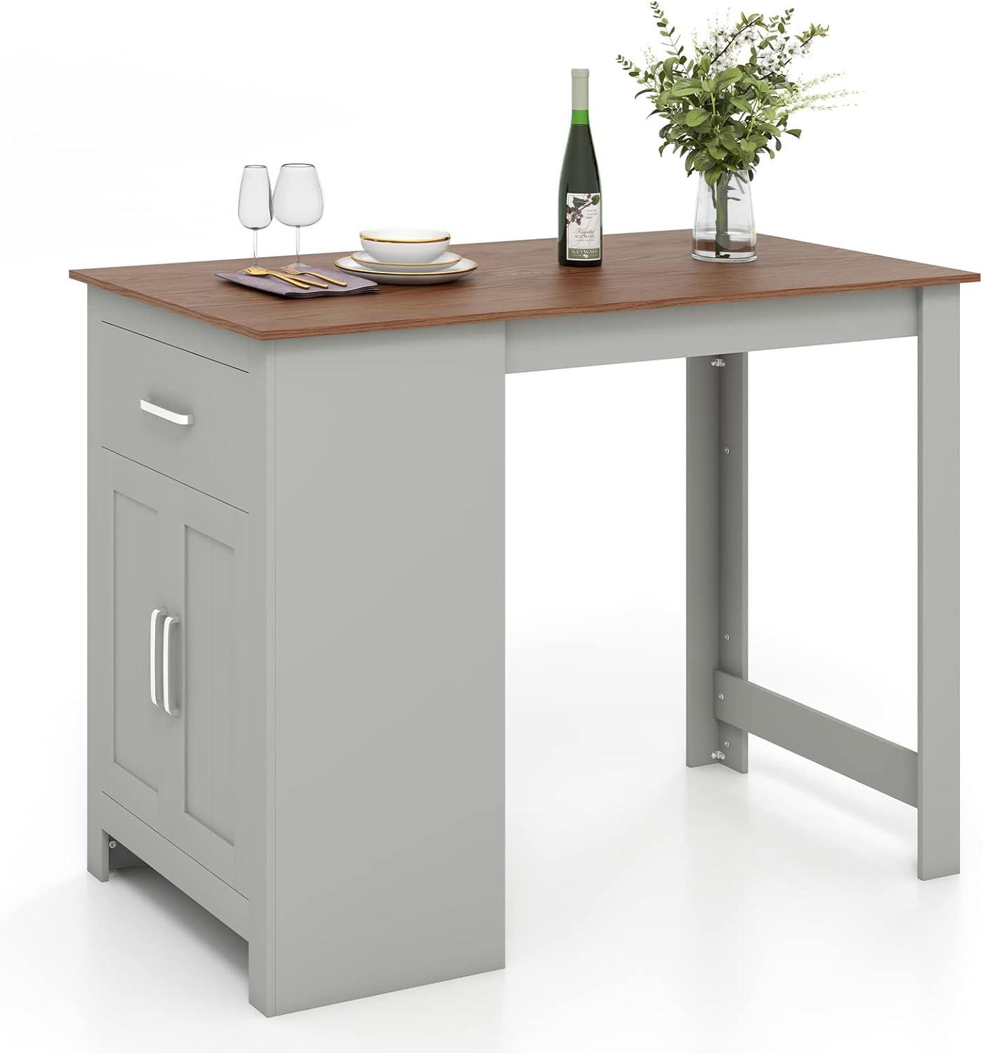 Costway Bar Table 35.5'' Counter Height Dining Table with Storage Cabinet & Drawer Black/Grey