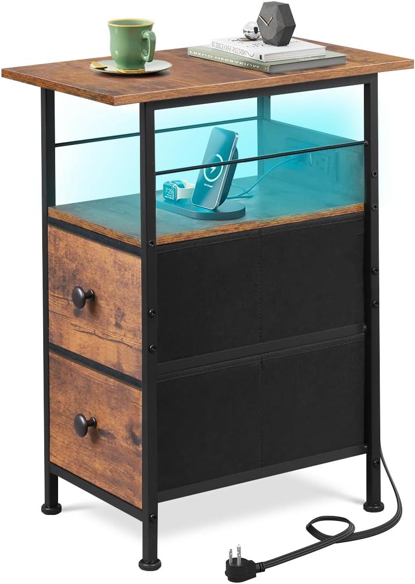 WLIVE Night Stand Set of 2 with Charging Station, LED Nightstand Sets with 2 Fabric Drawers and Storage Shelf, Small Bedside Tables for Small Spaces, Dresser for Bedroom, Rustic Brown