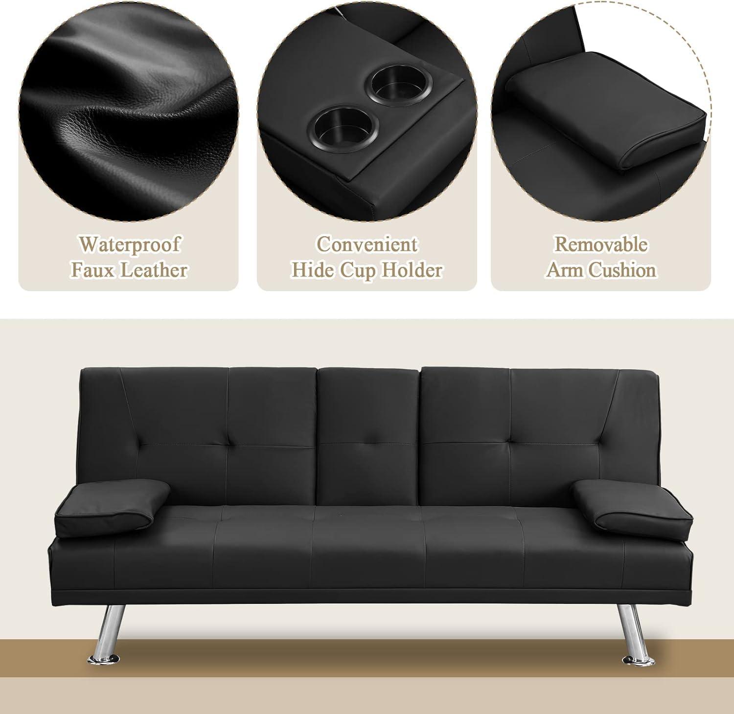 Hbaid Modern Faux Leather Couch Convertible Folding Futon Sofa Bed with 2 Cup Holders, Black