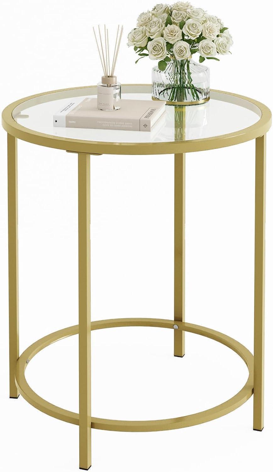 VASAGLE Round Side Table, Glass End Table with Metal Frame, Laurel Green Coffee Table with Modern Style