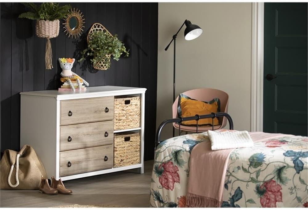 White and Rustic Oak 3-Drawer Dresser with Wicker Baskets