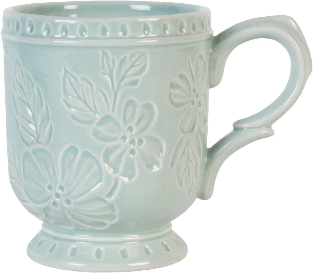 Blue Ceramic Floral Etched 12 Oz Mug Set of Four