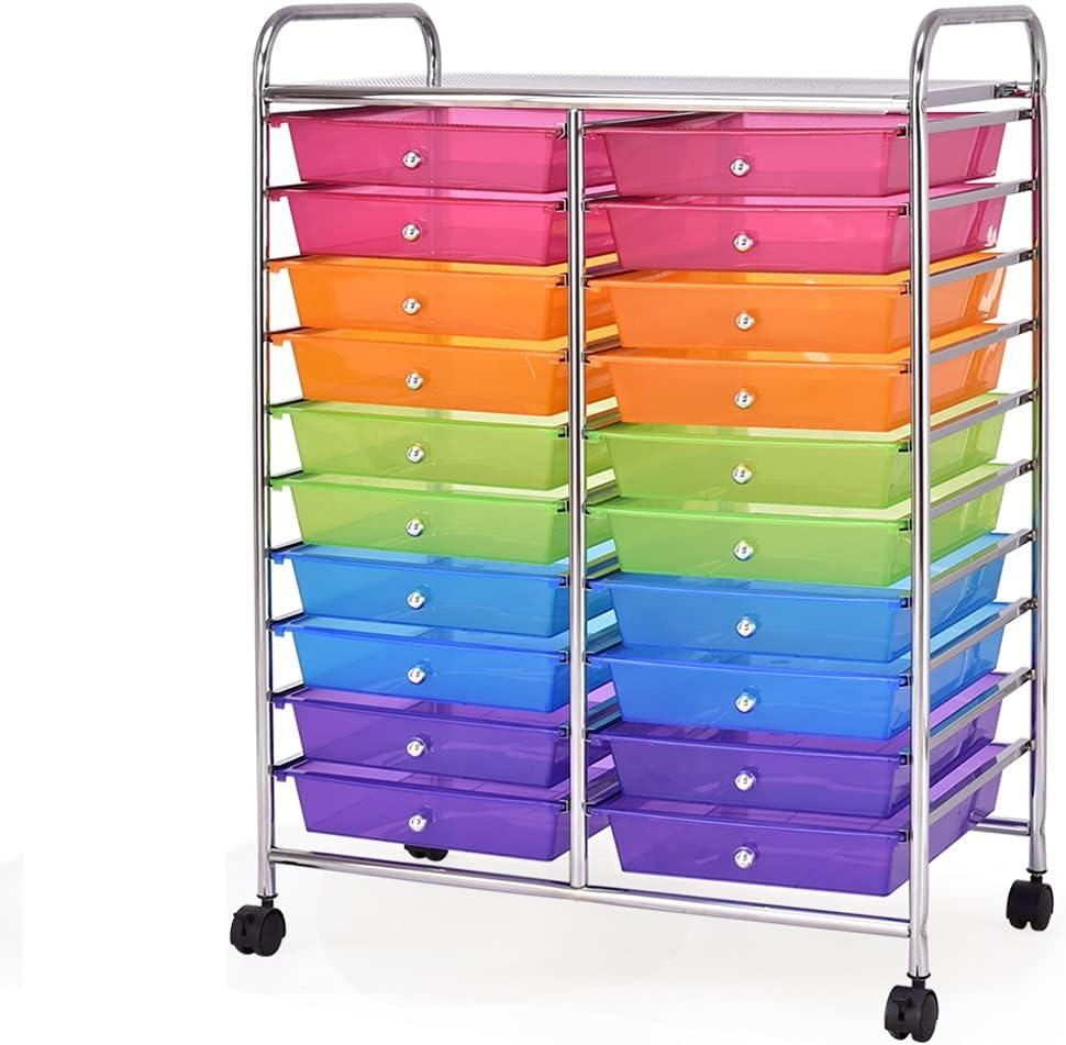 20-Drawer Organizer Cart Tools, Mobile Utility Storage Cart with Detachable Drawers & Lockable Wheels, Rolling Storage Cart with wheels for Home Office School(Multicolor)