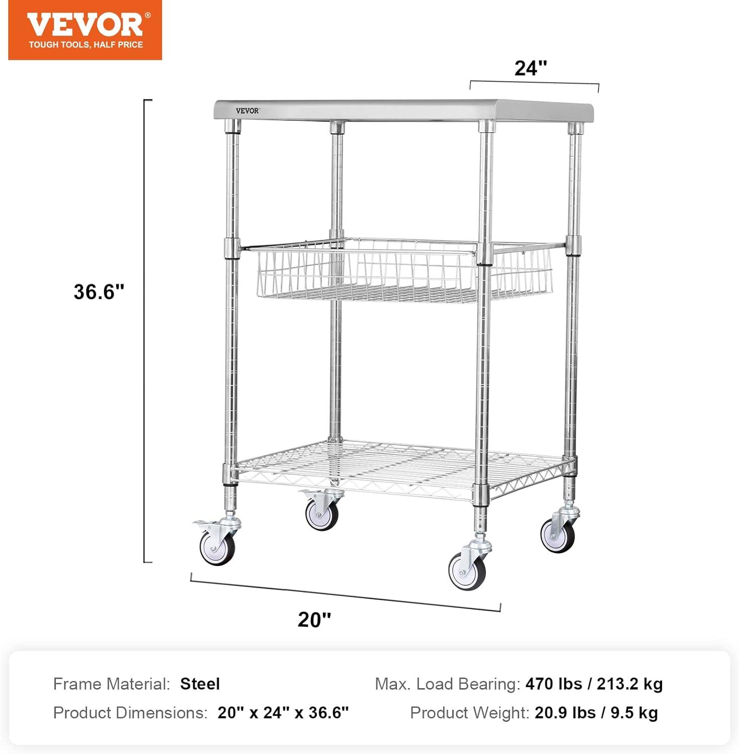 Silver 3-Tier Steel Utility Cart with Adjustable Shelves and Wheels