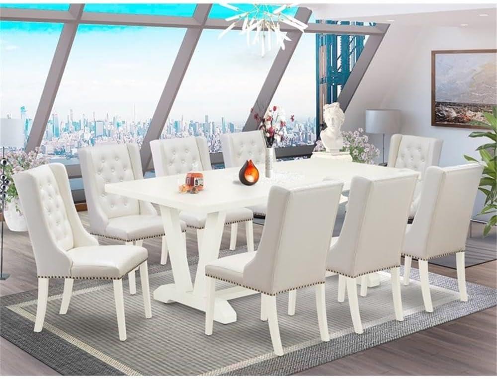 Linen White 9-Piece Dining Set with PU Leather Chairs