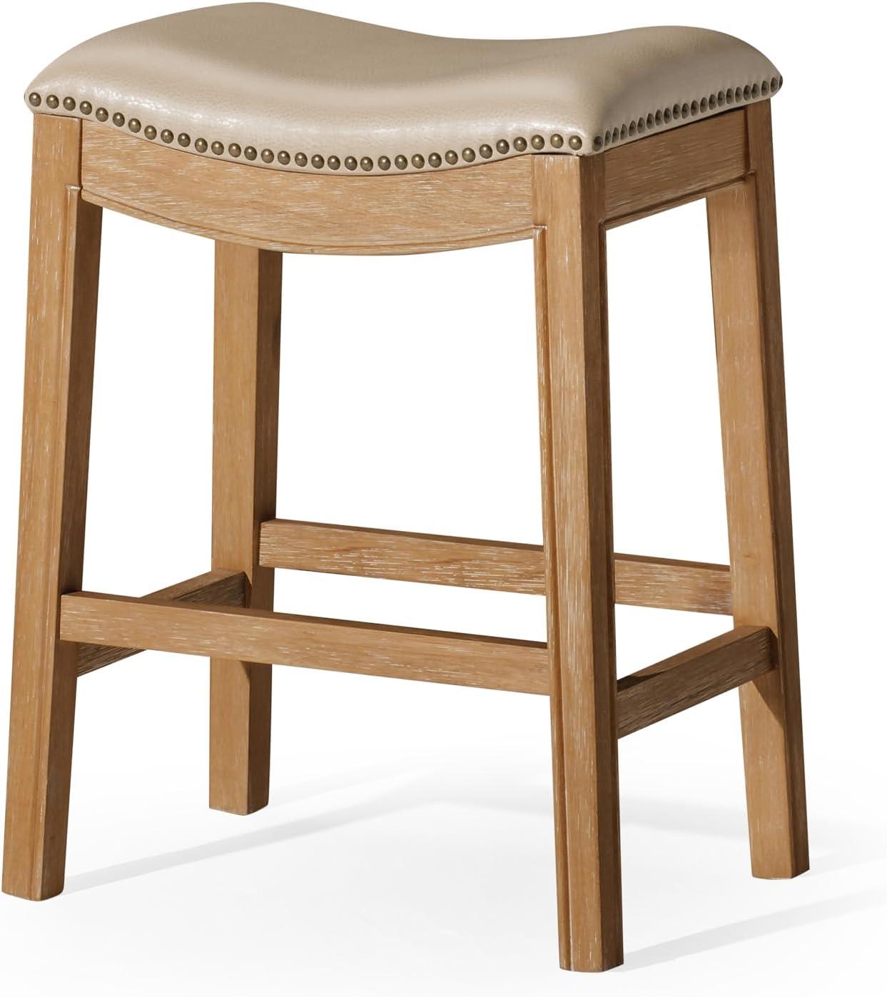 Maven Lane Adrien Saddle Kitchen Counter Stool in Weathered Oak w/ Avanti Bone Vegan Leather