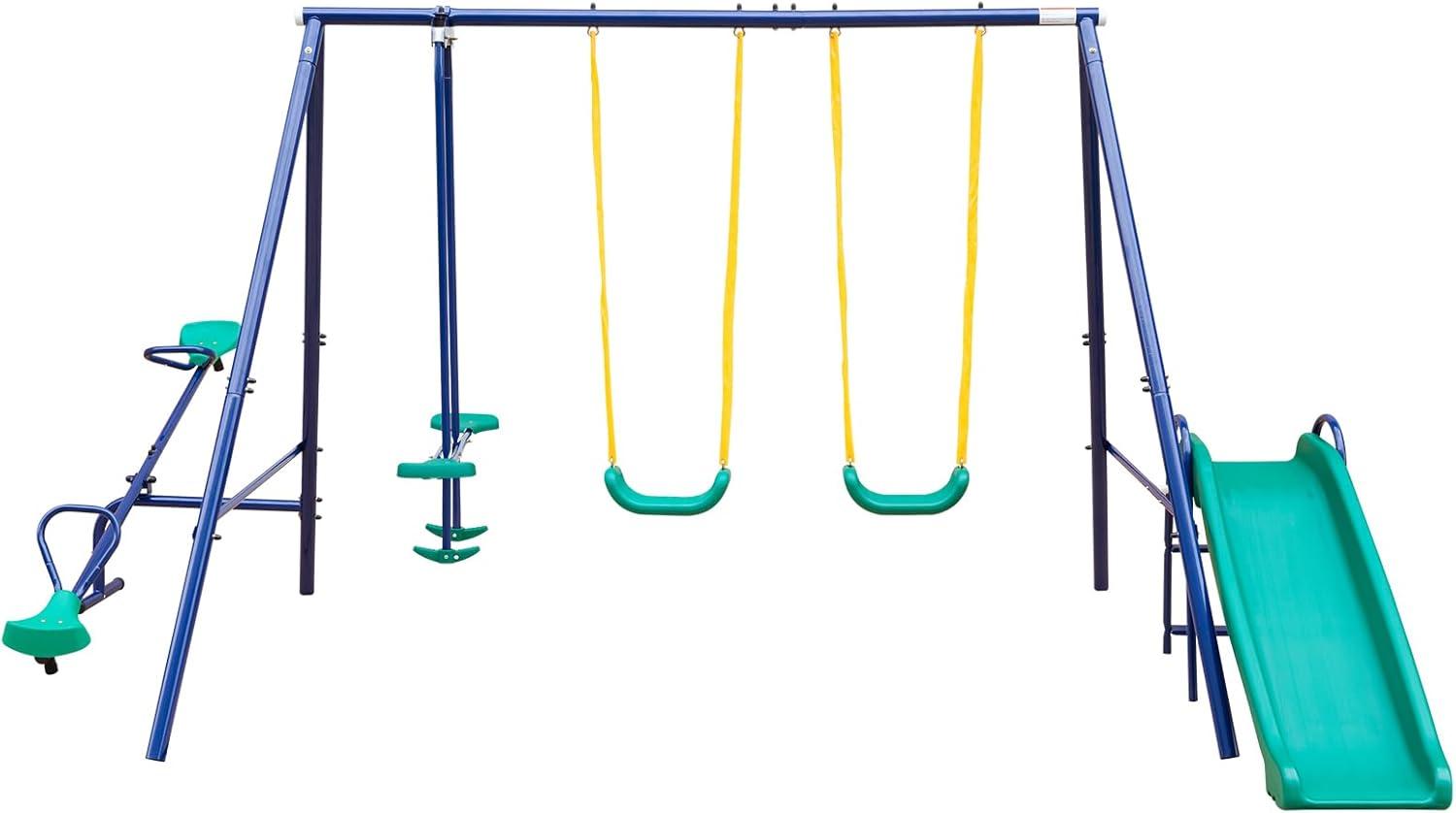 Multi-Colored Metal Outdoor Swing Set with Slide and Glider