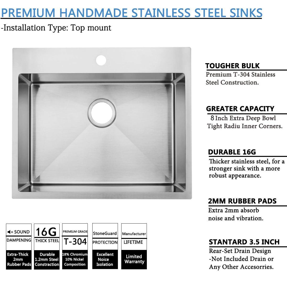 Ruvati 25 x 22 inch Drop-in Topmount Kitchen Sink 16 Gauge Stainless Steel Single Bowl