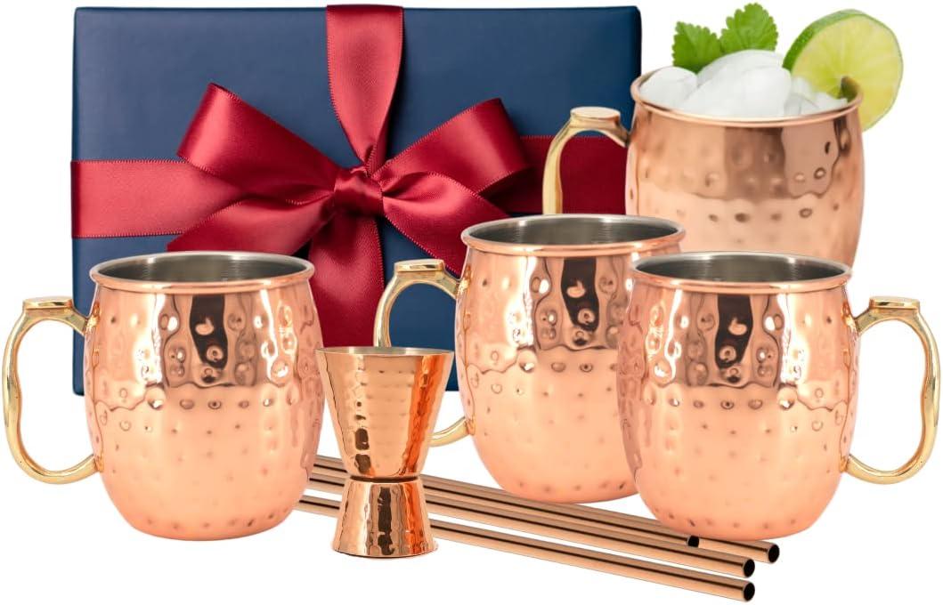 Handmade Copper Moscow Mule Mug Set with Brass Handles, 18oz, Set of 4