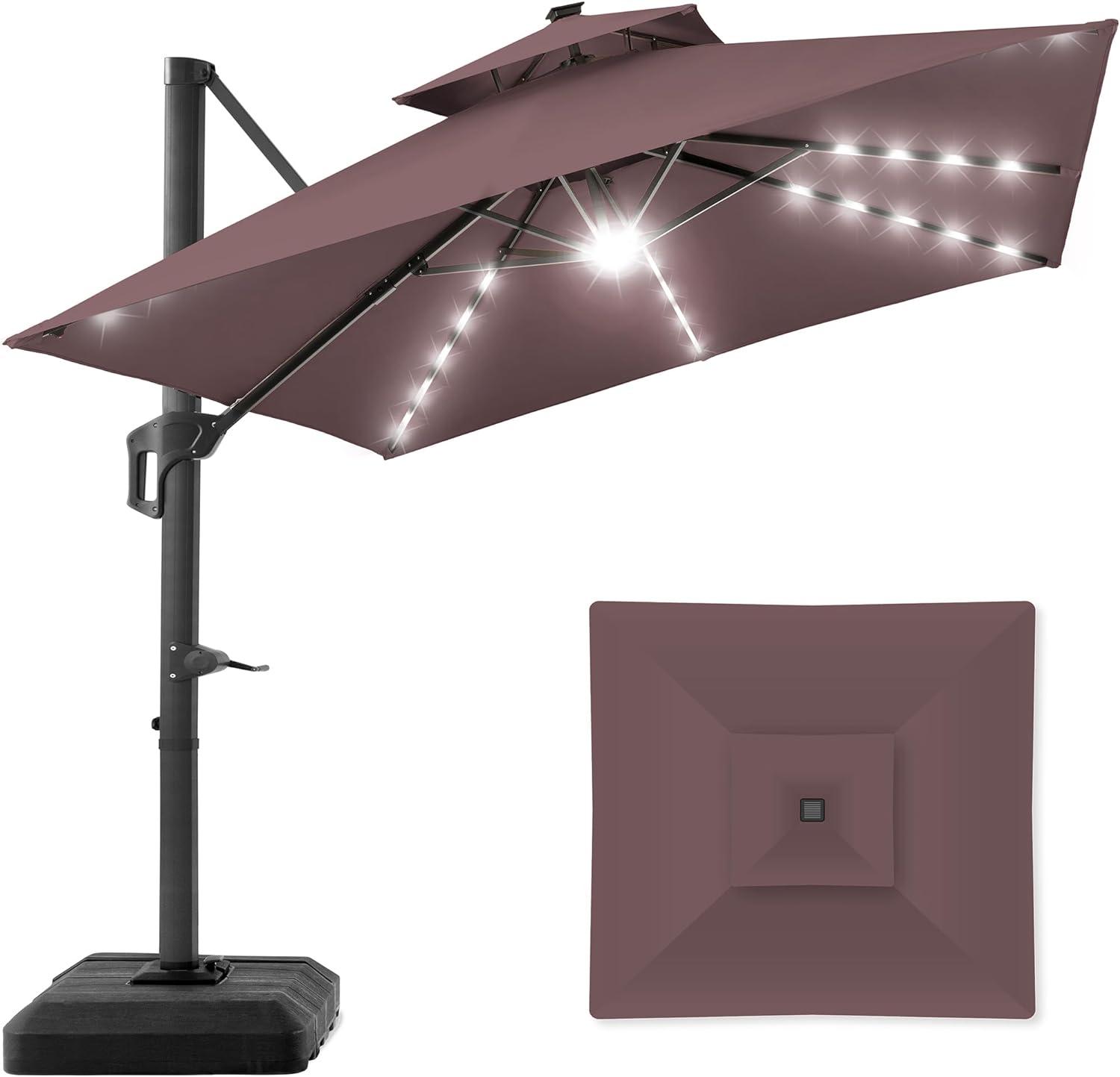 Best Choice Products 10x10ft 2-Tier Square Outdoor Solar LED Cantilever Patio Umbrella w/ Base Included- Deep Taupe