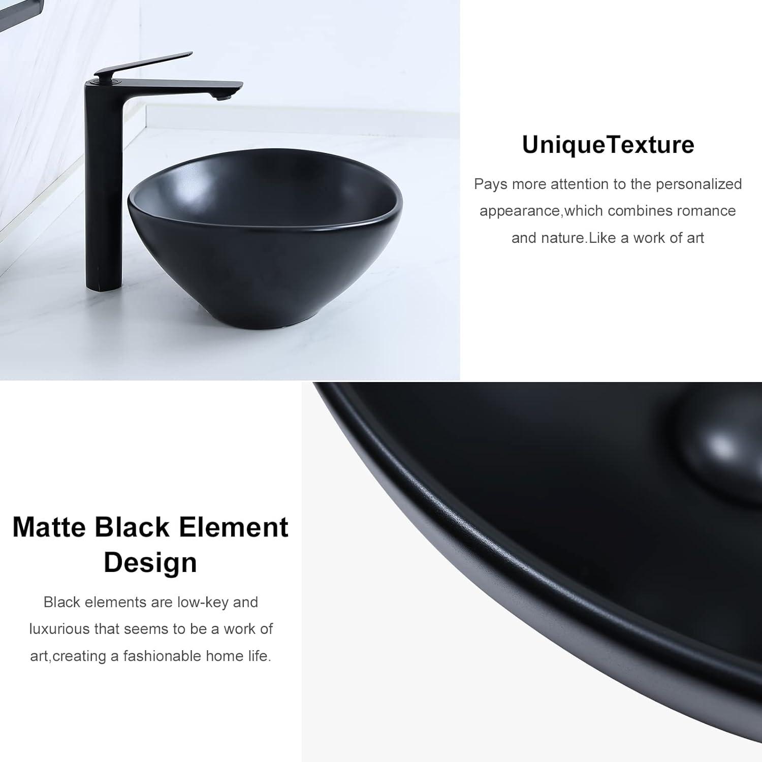 Matte Black Oval Ceramic Vessel Sink with Pop-Up Drain