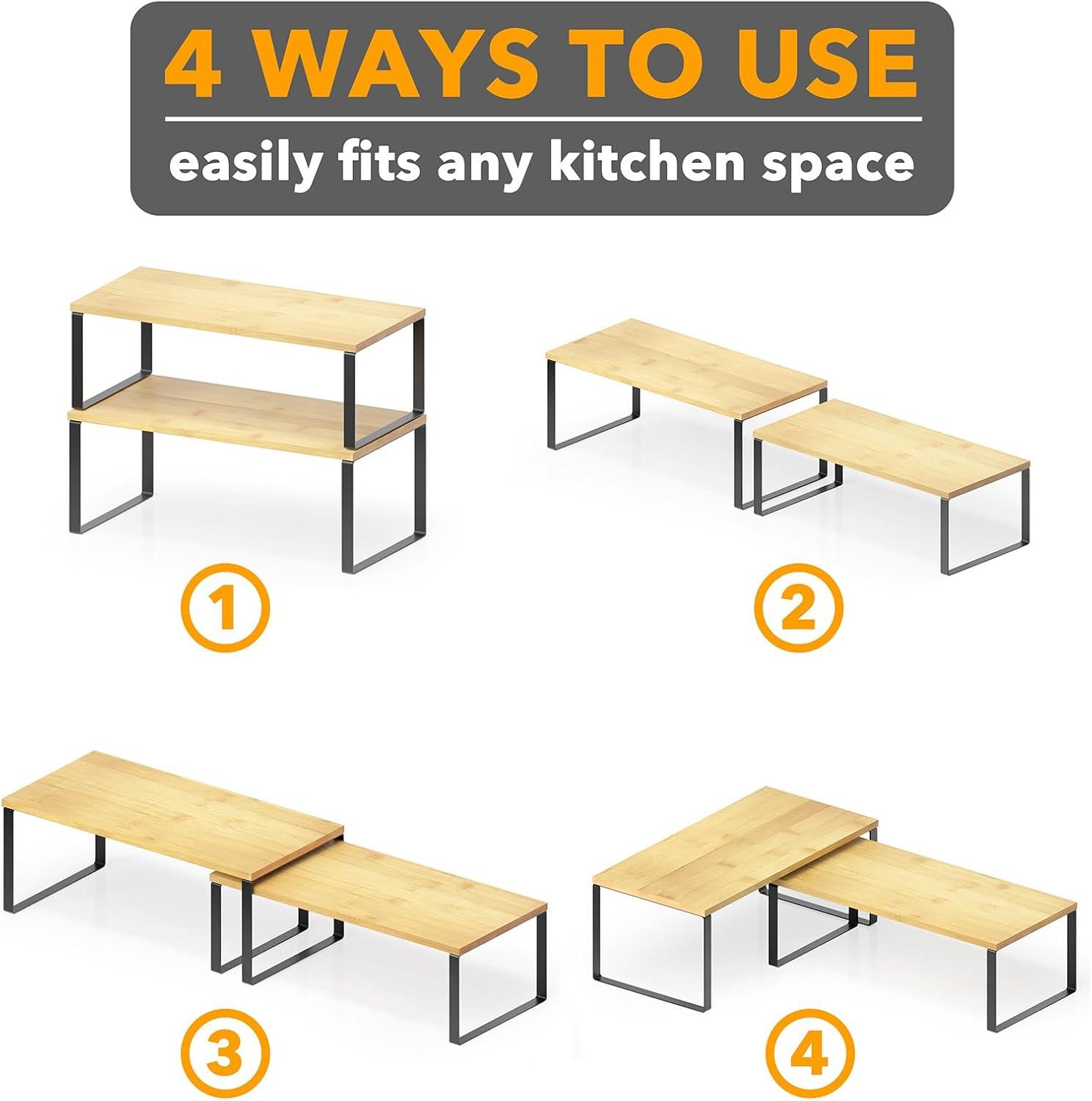 SpaceAid 2-Pack Cabinet Shelf Organizers – Stackable & Expandable Kitchen Counter Racks For Spice, Pantry, And Cupboard Storage, Black