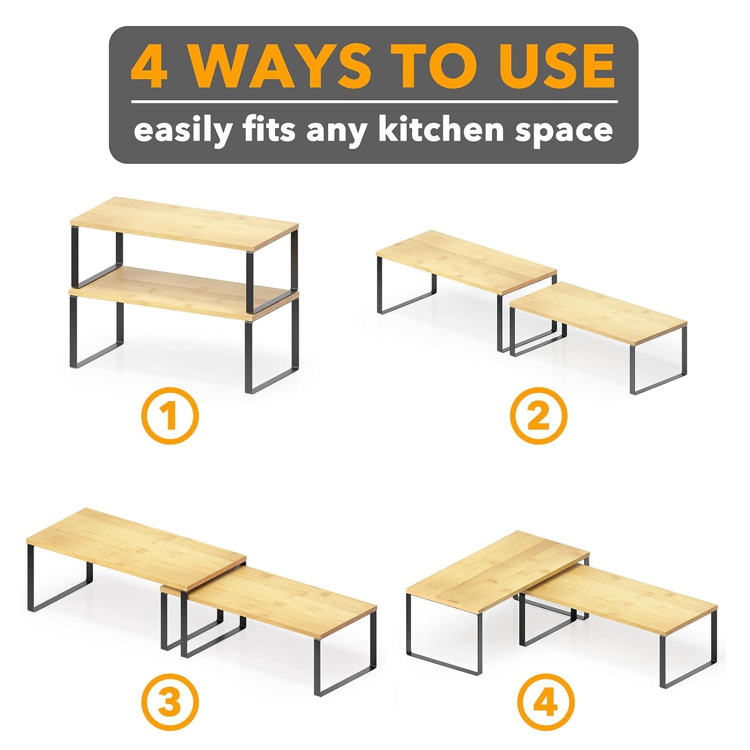 SpaceAid 2-Pack Cabinet Shelf Organizers – Stackable & Expandable Kitchen Counter Racks For Spice, Pantry, And Cupboard Storage, Black