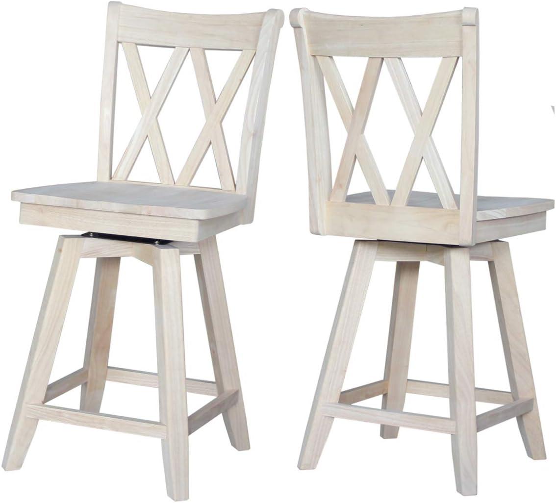 24" Double X Back Counter Height Barstool with Swivel and Auto Return Unfinished - International Concepts: Hardwood Frame