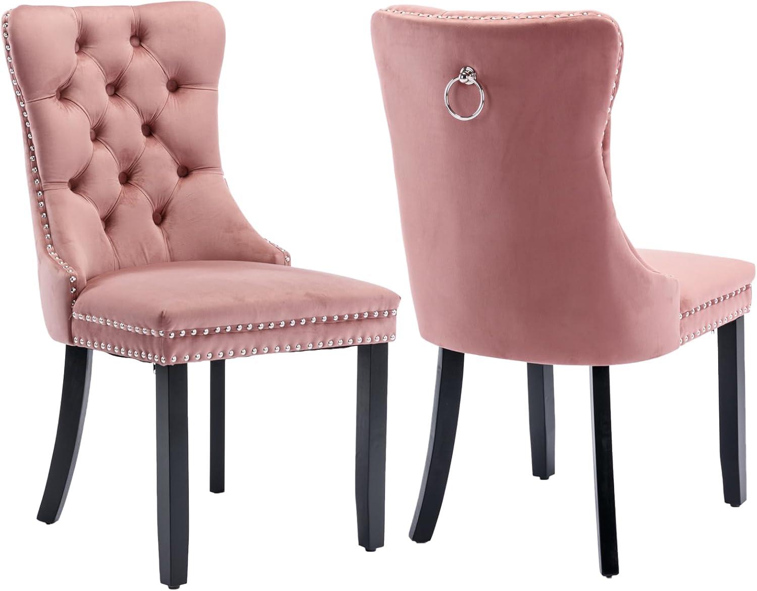 Pink Velvet Dining Chairs Set of 2, Upholstered Dining Room Chairs with Back Ring Pull Trim and Solid Wood Legs, Tufted Wingback Kitchen Chairs for Dining Room,Living Room,Kitchen(Pink)