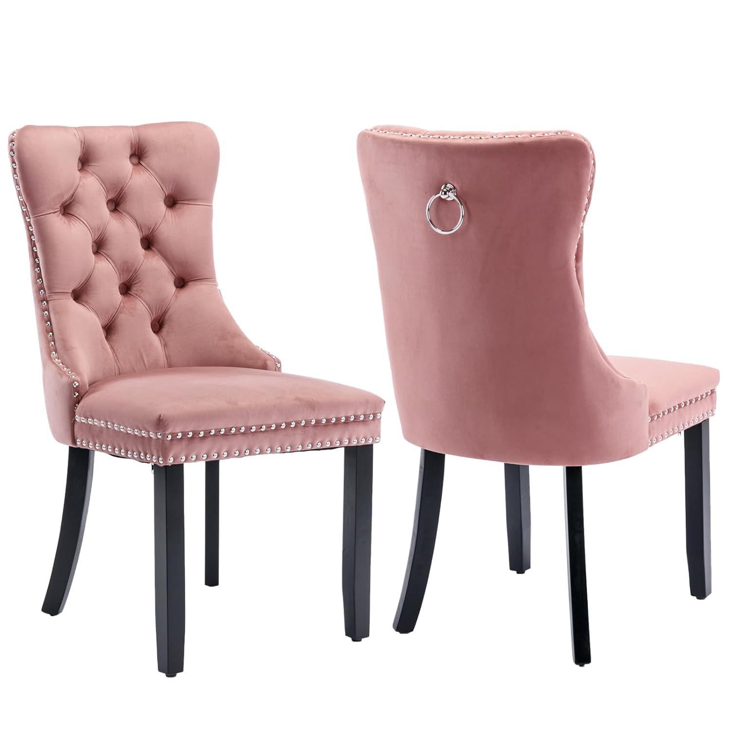 Pink Velvet Dining Chairs Set of 2, Upholstered Dining Room Chairs with Back Ring Pull Trim and Solid Wood Legs, Tufted Wingback Kitchen Chairs for Dining Room,Living Room,Kitchen(Pink)