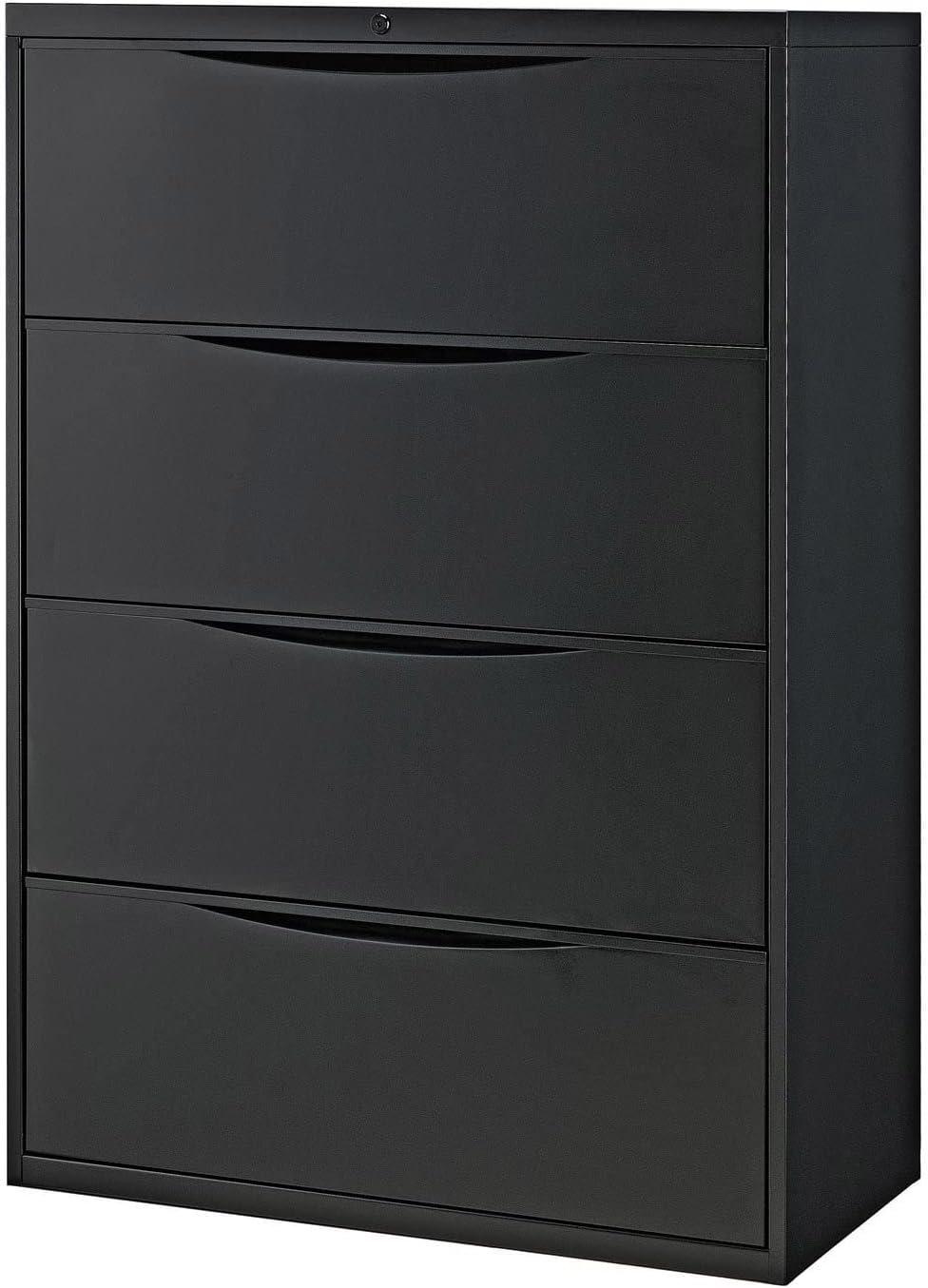 Black 36" Steel 4-Drawer Lockable Lateral File Cabinet