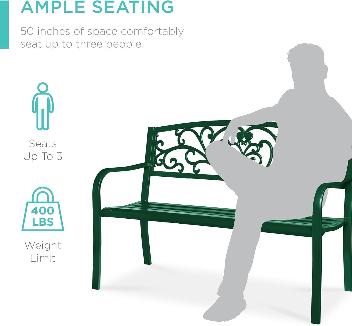World Menagerie Outdoor Steel Bench with Floral Backrest & Slatted Seat, Marigold for Garden, Patio, Porch, Lawn, and Deck