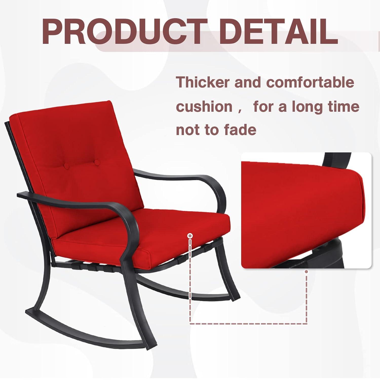 Outdoor 3-Piece Rocking Chairs, Patio Bistro Furniture Set, 2 Black Steel Rocking Chairs with Cushion and Glass Top Coffee Table (Red)