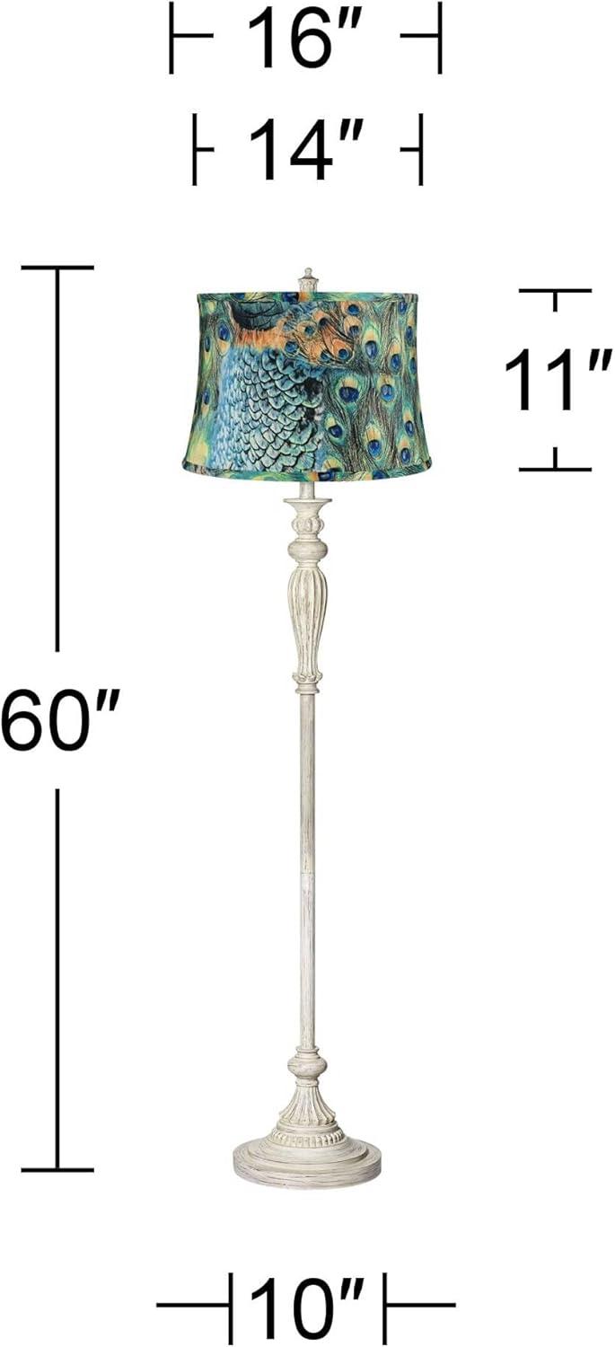 Elegant Antique White Floor Lamp with Peacock Print Shade