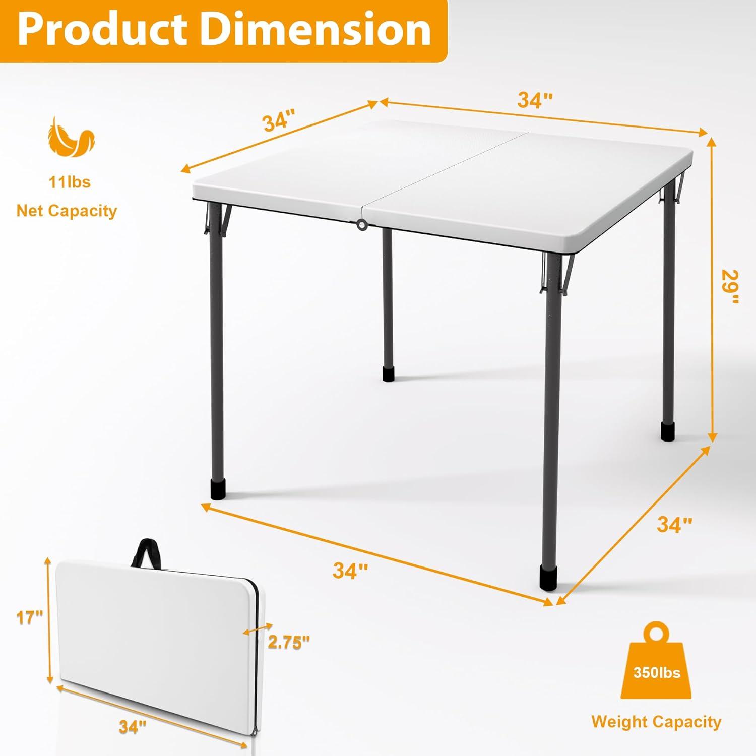 34" White Resin Folding Square Table with Alloy Steel Frame