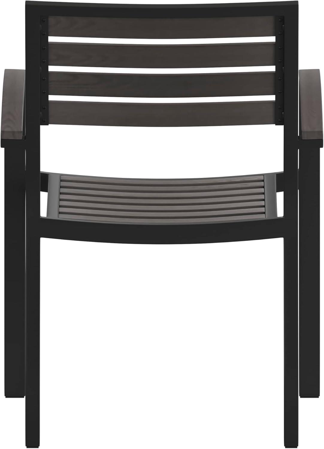 Flash Furniture 2 Pack All-Weather Black Aluminum Patio Stack Chairs - Gray Wash Faux Teak Slats
