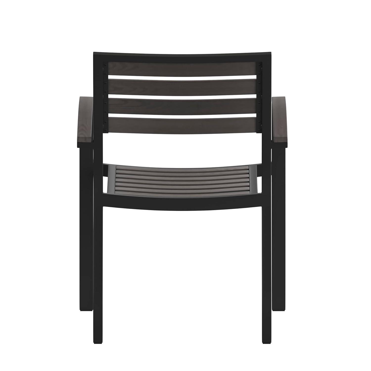 Flash Furniture 2 Pack All-Weather Black Aluminum Patio Stack Chairs - Gray Wash Faux Teak Slats