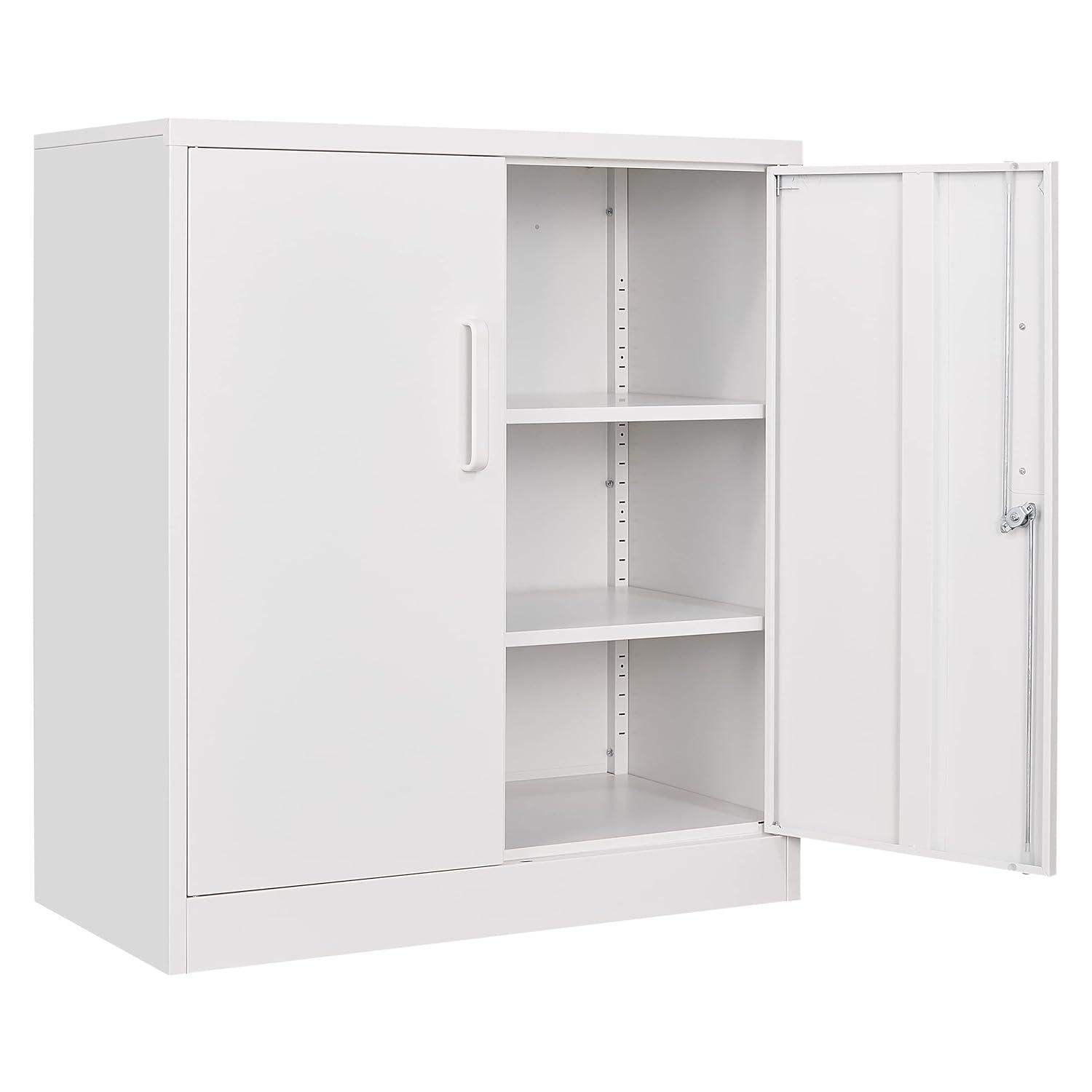 Metal Storage Cabinets with Shelves and Doors, Sideboard Buffet Cabinet for Kitchen, Entryway, Living Room, Home Office, Garage, Utility Room and Basement, 36.2" H x 31.5" W x 15.7" D (White)