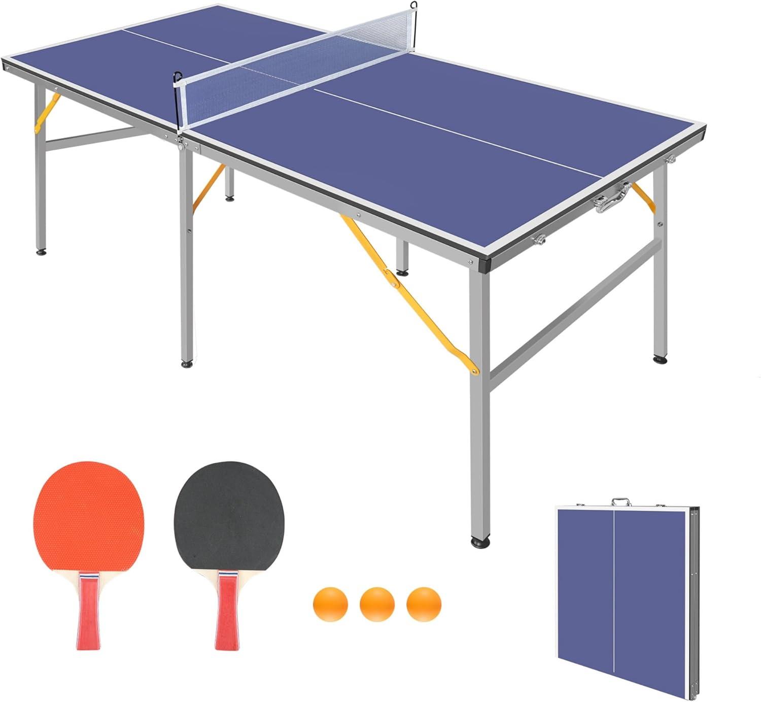 Portable Ping Pong Table, Mid-Size Foldable Table Tennis Table w/Net, 2 Paddles, 3 Balls, Table Tennis Table for Indoor Outdoor, Ping Pong Tablefor Kids Family Holiday Sports