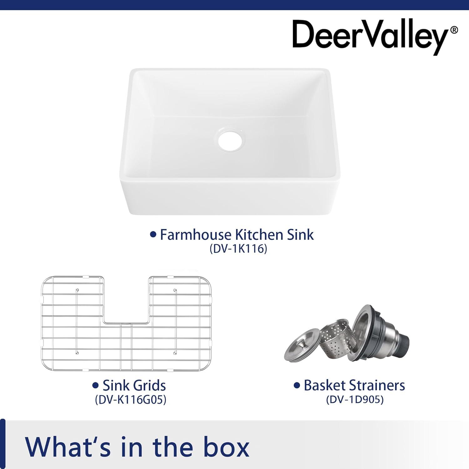 Deer Valley Fireclay Farmhouse Sink 24 Inch, White Undermount Kitchen Sink, Apron-Front Large Deep Single Bowl with Bottom Grid & Strainer