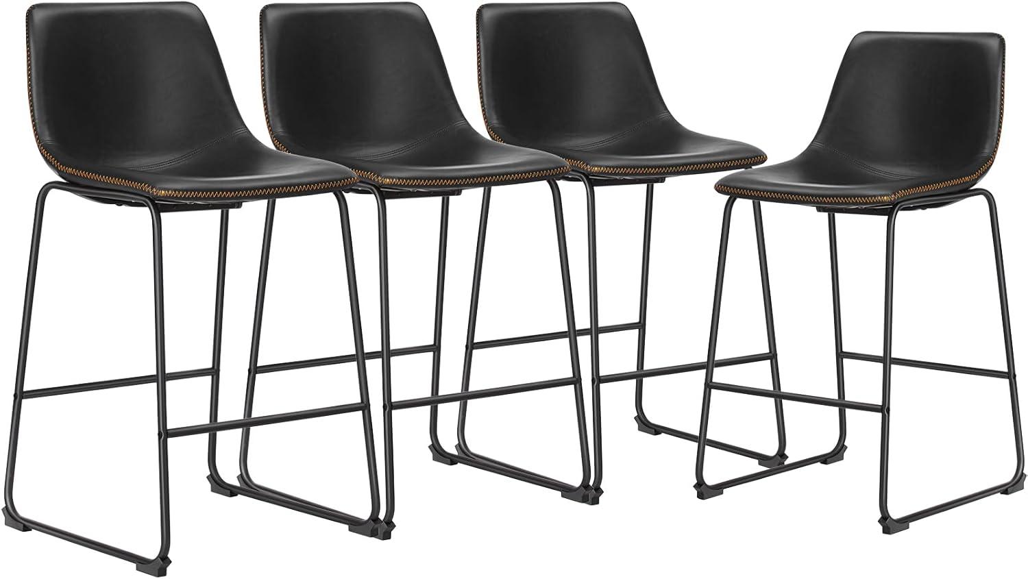 Black Faux Leather 26'' Counter Height Bar Stools with Metal Legs, Set of 4