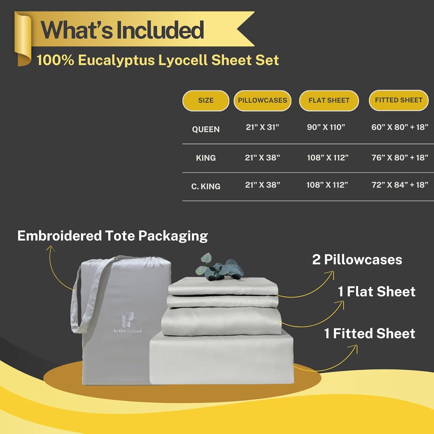 100% Austrian Eucalyptus Queen Bed Sheets, 18 Inch Deep Pocket Queen Sheets, Cooling Sheets with Elastic Corner Straps, Eucalyptus Silk Tencel Lyocell (Cool Grey, 4PC Queen)