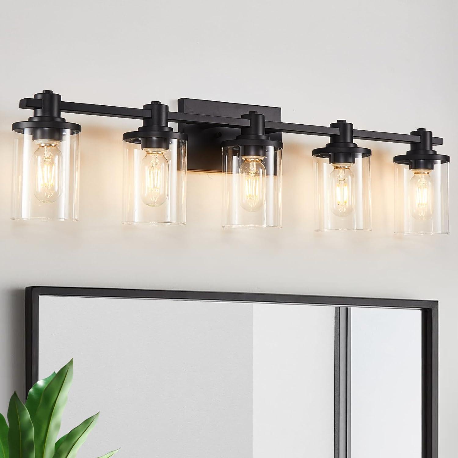 Matte Black 5-Light Bathroom Vanity Fixture with Glass Shades